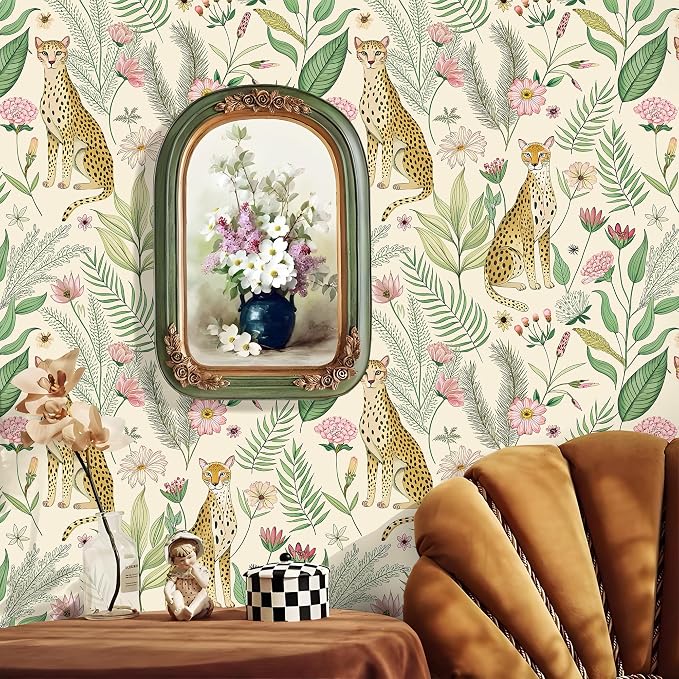 Floralplus Peel and Stick Wallpaper Leopard Removable Wallpaper | Renter Friendly Wallpapers Self Adhesive Animal Floral Contact Paper for Accent Wall 17.5 x 118 in - Image 2