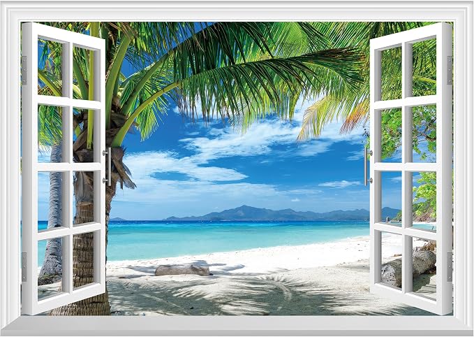 FLFK Fake Window Wall Mural - Beach Palm Trees Faux Window Wall Sticker for Wall Decor, Stick and Peel Wall Decals,48"x32",Set of 2 Sheets by FLFK
