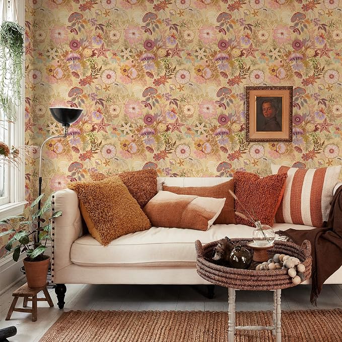 Ismoon Vintage Floral Peel and Stick Wallpaper Deep Beige Contact Paper Jellyfish Starfish Stick on Wall Paper Removable Self Adhesive Vinyl Wallpaper for Bedroom Wall Cabinet Decor 17.3x393in - Image 6