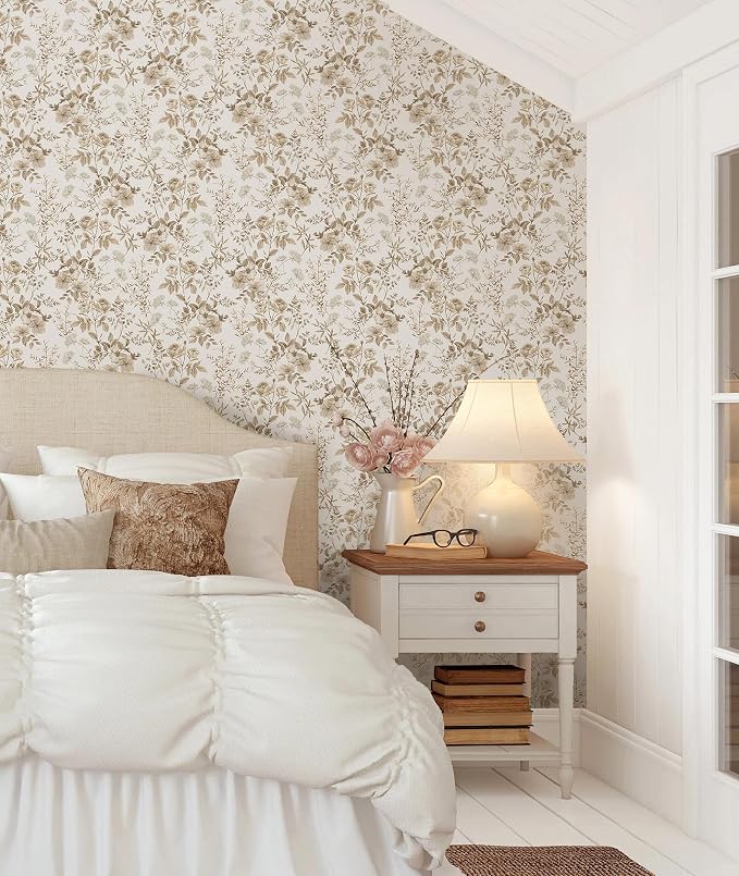 Erfoni Beige Floral Peel and Stick Wallpaper Boho Floral Leaf Contact Paper | 16.9" x197" Boho Self Adhesive Wallpaper Flower DIY Removable Decoration Wallpaper for Livingroom Accent Wall Covering - Image 2