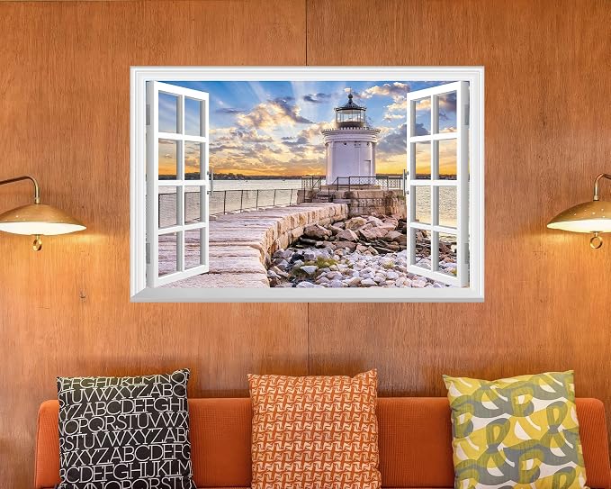 FLFK Fake Window Wall Mural - Shoreline Lighthouse Faux Window Wall Sticker, Stick and Peel Wall Decals, 48"x32", Set of 2 Sheets - Image 5