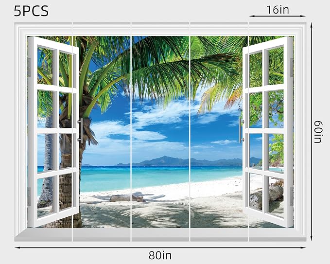 FLFK Fake Window Wall Mural - Beach Palm Trees Faux Window Wall Sticker for Wall Decor, Stick and Peel Wall Decals,80"x60",Set of 5 Sheets - Image 2