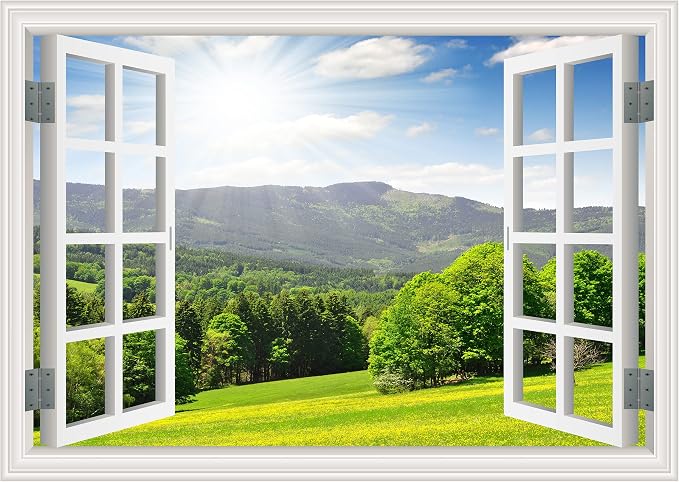 FLFK Fake Window Wall Sticker - Landscape Faux Window Wall Mural for Wall Decor, Stick and Peel Wall Decals,80"x60",Set of 5 Sheets by FLFK