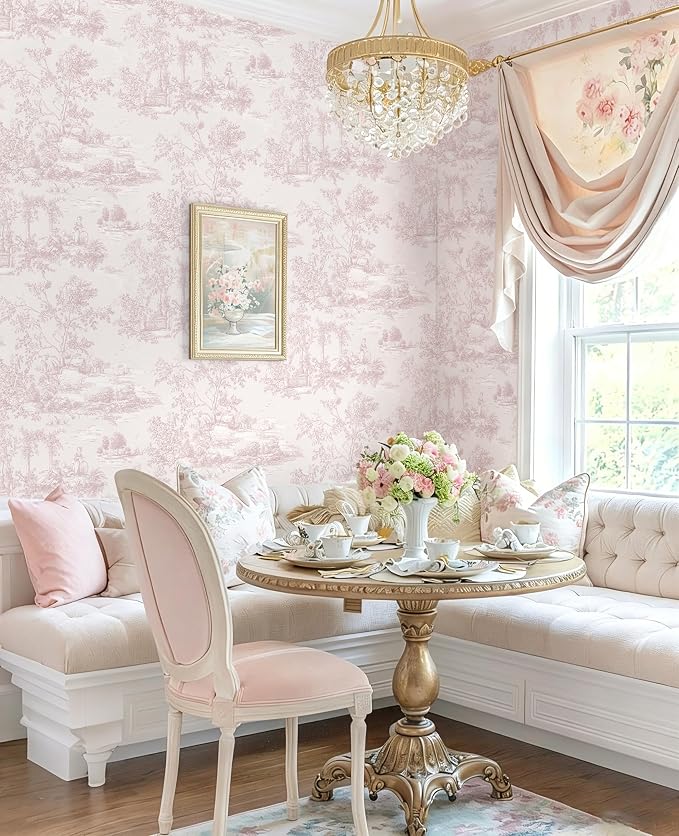 Toduso Peel and Stick Wallpaper Vintage Wallpaper Pink Removable Wall Paper Toile Self-Adhesive Waterproof Tree Contact Paper for Bedroom Living Room Cabinets Decoration Thicken Vinyl 17.3" x 78.7" - Image 4