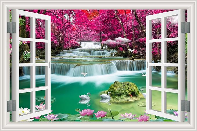 ‌Lmyhome Fake Window Wall Mural Waterfall (64"x48") | Peel and Stick Faux Window Wall Sticker Decal Poster for Bedroom Home Decor by LmyhomeMuralsWallpaper