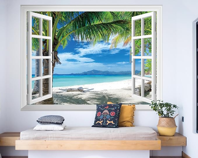 FLFK Fake Window Wall Mural - Beach Palm Trees Faux Window Wall Sticker for Wall Decor, Stick and Peel Wall Decals,80"x60",Set of 5 Sheets - Image 6