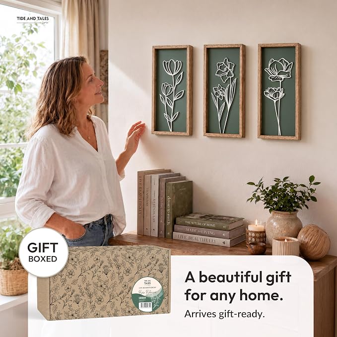 Tide and Tales 3d Green Wall Art, Wooden Botanical Wall Decor, Set of 3 | 7" x 16", Lightweight, Framed Ready-to-Hang, Bathroom Wall Decor, Bedroom, Living Room, Office, Farmhouse, Gift-Boxed - Image 7