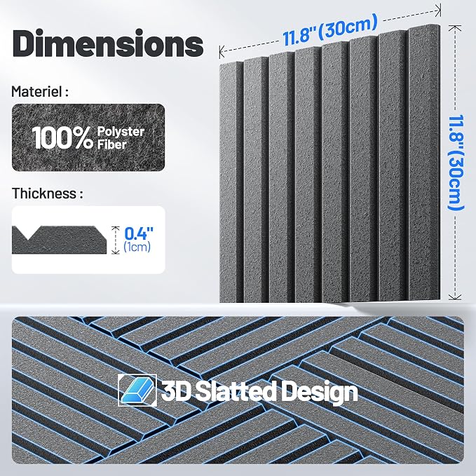 20 Pack Sound Proof Foam Panels for Walls, Acoustic Panels Self-Adhesive | 12" X 12" X 0.4" Slatted Soundproof Wall Panel, High Density Sound Absorbing Panel for Gaming Recording Studio Decor-Black - Image 7