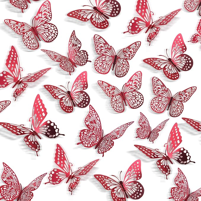 SAOROPEB 3D Butterfly Wall Decor 48 Pcs Blood Red Butterfly Decorations | 4 Styles 3 Sizes, Butterfly Birthday Decorations Butterfly Party Decorations Cake Decorations, Removable Stickers by SAOROPEB