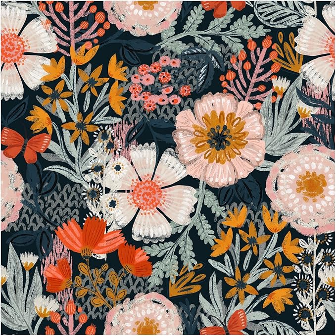 HAOKHOME Navy Pink Floral Peel and Stick Wallpaper Boho Contact Paper Decor | Textured Stick on Wall Paper Renter Friendly Removable Orange Flowers Bathroom Bedroom Cabinet Drawer Craft 17.3in x 6.6ft by HAOKHOME