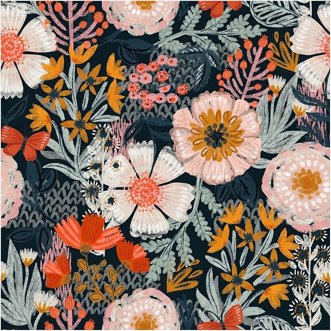 HAOKHOME Navy Floral Peel and Stick Wallpaper Boho Mural 17.3in x 32.8ft | Vintage Textured Wall Paper Renter Friendly Removable Blue Pink Orange for Bathroom Bedroom Nursery Botanical Contact Paper by HAOKHOME