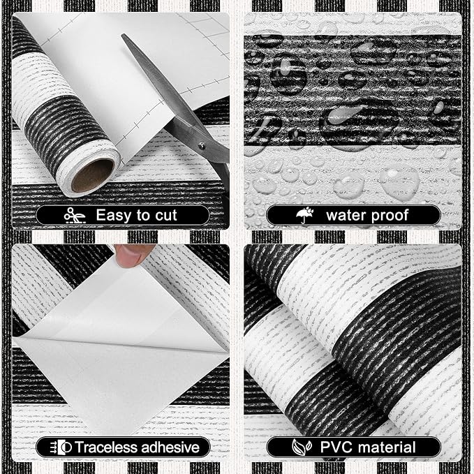 Black Stripe Peel and Stick Wallpaper 15.7" x 236" | Black and White Striped Boho Self-Adhesive Contact Paper Removable Waterproof Wallpaper for Bedroom,Cabinets,Drawer Liners - Image 3