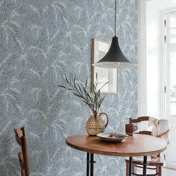 Ismoon Vintage Wallpaper Peel and Stick Dusty Blue Botanical Wallpaper 17.3in x32.8ft Leaf Removable Waterproof Blue/White Contact Paper for Bedroom Kitchen Renter Friendly Wall Decor Vinyl - Image 4
