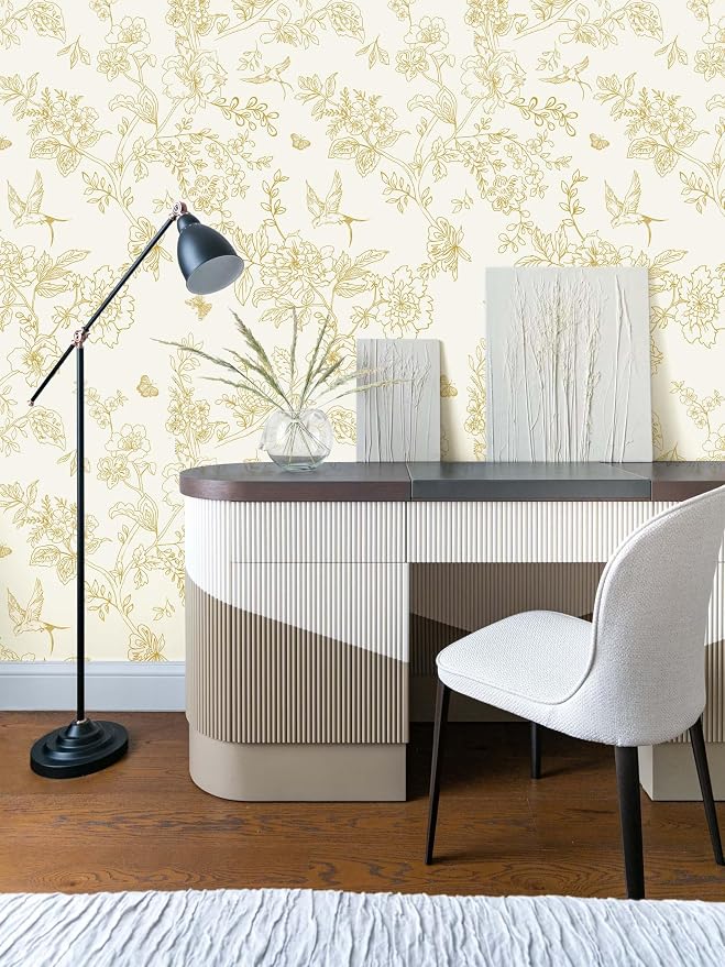 Froluya Cream White and Gold Floral Peel and Stick Wallpaper 17.7in×196.8in | Vintage Floral Birds Self Adhesive Wallpaper Boho Contact Paper Peel and Stick Removable Decorative Wall Paper for Cabinets - Image 2