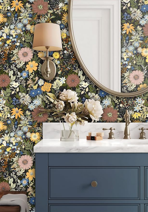 Vintage Floral Peel and Stick Wallpaper for Bedroom,Cabinets 17.3" x 118" | Textured Vinyl Contact Paper Self Adhesive Removable Waterproof Black/Green/Yellow Stick on Wall paper for Kitchen Bathroom - Image 7