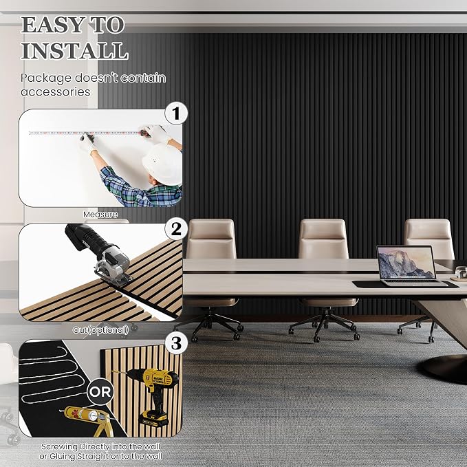 2 Pack Wood Salt Acoustic Wall Panels 94" x 23.6" x 0.8", Matte Black | 3D Fluted Soundproof Wooden Wall Panel, Sound-absorbing Wall Decor for Home Theater Studio Office Bedroom - Image 7