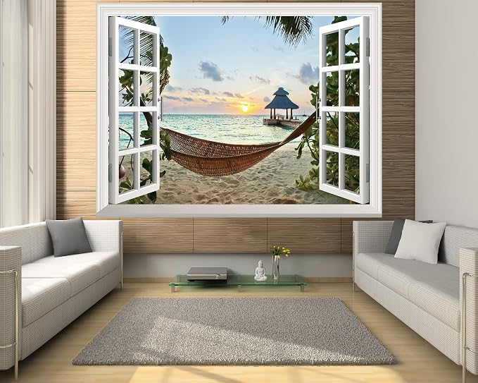 FLFK Fake Window Wall Sticker - Sunset Beach Faux Window Wall Mural for Wall Decor, Stick and Peel Wall Decals,80"x60",Set of 5 Sheets - Image 2