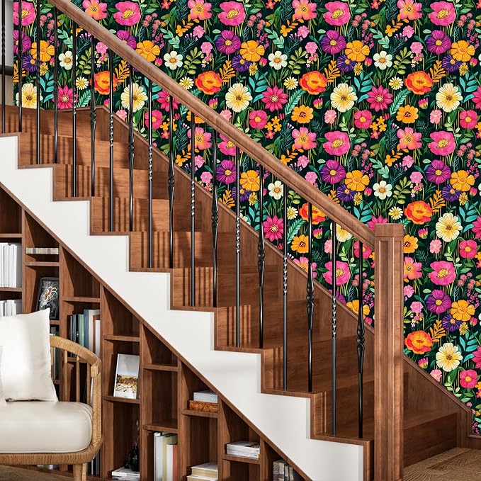 BOKEBEVE Floral Wallpaper Peel and Stick Boho Green Colorful 17.5 x 787In | Super Long Removable Renter Friendly Funky Watercolor Wall Paper for Bedroom Bathroom Living Room Feature Accent Walls - Image 3