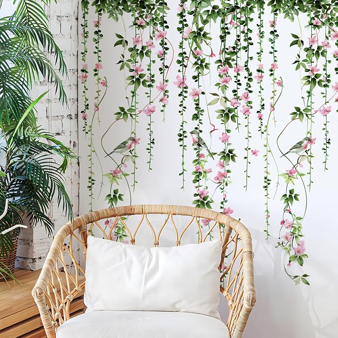 4 Sheets Hanging Vines with Flowers Wall Decals Green Plant Leaves Wall Stickers Pink Cherry Blossom Vine Wall Art Hanging Flower Tree Branches Bird Wall Murals for Kids Bedroom Nursery Decoration 20 - Image 6