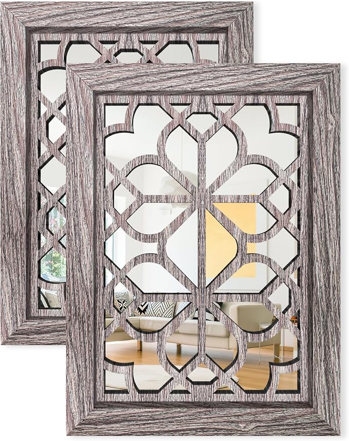 Set of 2 11x15 Inch Rectangular Shatterproof Brown Decorative Wall Mirrors, Boho Farmhouse Rustic Vintage Accent Mirrors for Living Room Bedroom Entryway & Home Decor by HMANGE