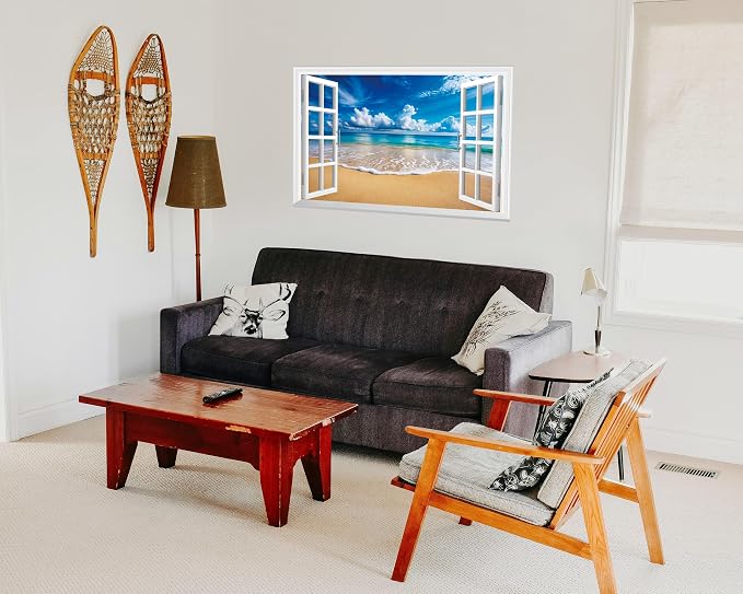 FLFK Fake Window Wall Mural - Ocean Beach Faux Window Wall Sticker for Wall Decor, Peel and Stick Wall Decals,48"x32",Set of 2 Sheets - Image 6