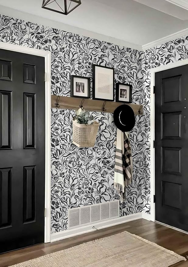Ismoon Black and White Wallpaper Peel and Stick Floral Contact Paper 17.3in x 16.4ft Peony Flower Modern Striped Abstract Wall Paper for Bathroom Bedroom Removable Vinyl Renter Friendly - Image 4