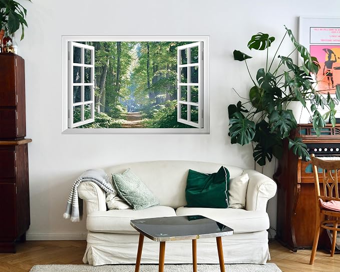FLFK Fake Window Wall Mural - Road in The Forest Faux Window Wall Sticker for Wall Decor, Peel and Stick Wall Decals,48"x32",Set of 2 Sheets - Image 5