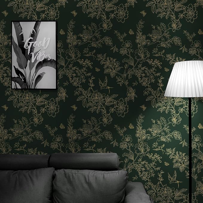 Froluya Green and Gold Peel and Stick Wallpaper for Bathroom 17.7in×590.5in | Dark Green Floral Wallpaper Vintage Contact Paper Peel and Stick Flowers Birds Removable Self Adhesive Cabinets Wall Paper - Image 5