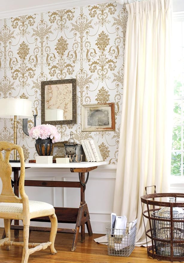 Damask Floral Peel and Stick Wallpaper Removable Gold Flowers Contact Paper | 17.3" X 118" Gold and White Damascus Wallpaper Boho Self Adhesive Decorative Wallpaper for Bedroom Accent Wall DIY Vinyl Roll - Image 7