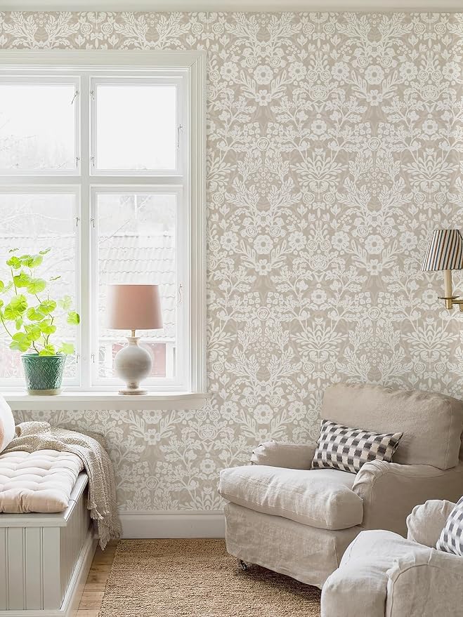 Toduso Peel and Stick Wallpaper Boho Beige Wallpaper Floral Contact Paper Removable Self Adhesive Waterproof Wall Paper for Bathroom Bedroom Living Room Thicken Vinyl Roll 17.3" x 393.7" - Image 4