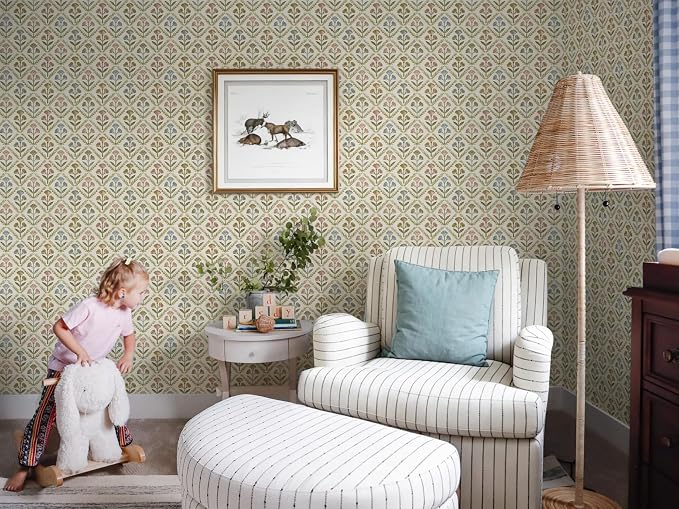Dimoon Vintage Peel and Stick Wallpaper Retro Botanical Contact Paper Farmhouse Wallpaper Cottage Renter Friendly Removable Geometric Wall Paper for Bathroom Kitchen Textured Vinyl 17.3''x197'' - Image 7