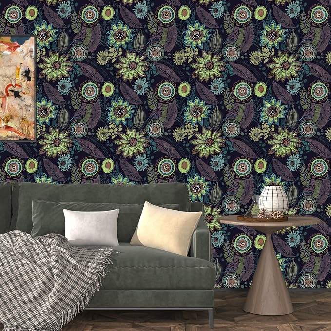 Laatse Boho Wallpaper Peel and Stick 17.5"x393", Purple Green Contact Paper | Self Adhesive/Removable/Waterproof/Thick Vinyl Wall Paper for Bathroom Bedroom Shelf Cabinet Drawer,Prepasted,Easy Peel - Image 2