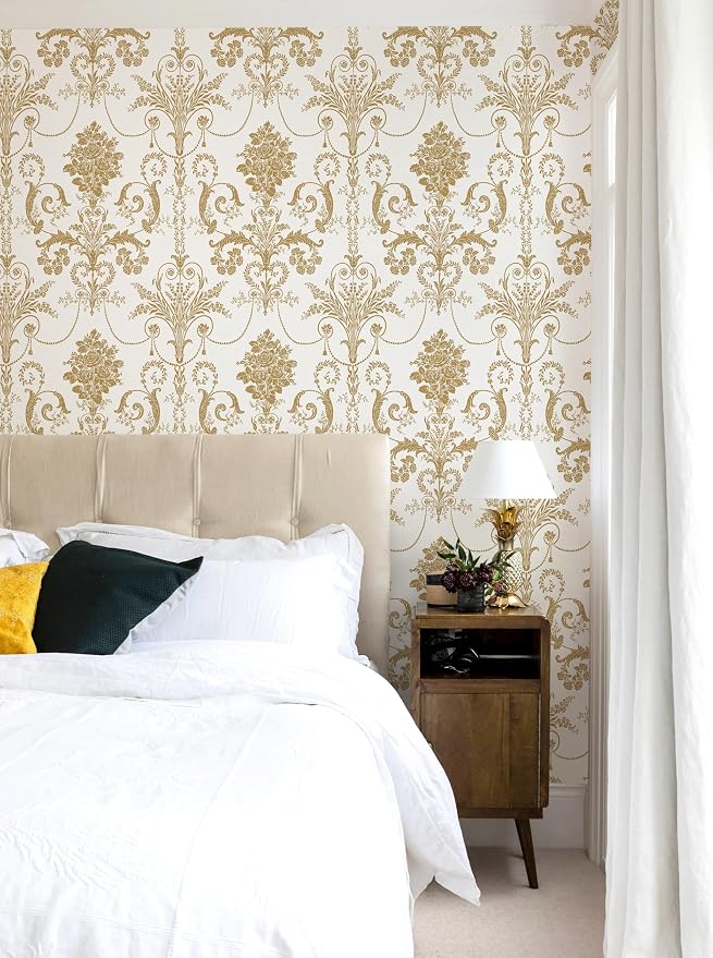 Damask Floral Peel and Stick Wallpaper Removable Gold Flowers Contact Paper | 17.3" X 197" Gold and White Damascus Wallpaper Boho Self Adhesive Decorative Wallpaper for Bedroom Accent Wall DIY Vinyl Roll - Image 2