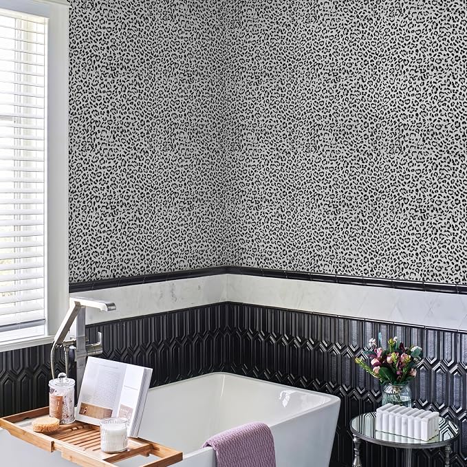 Leopard Print Peel and Stick Wallpaper, Waterproof Removable Self Adhesive Textured Wall Paper, Black and White Unique Funky Cheetah Contact Paper for Bedroom and Bathroom 120"X17.3"(14.4 sq. ft) - Image 5