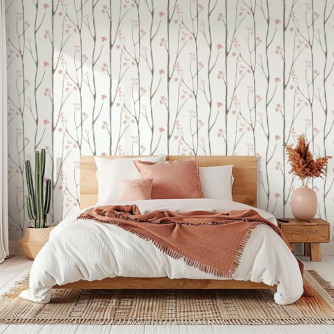 Timeet 197"x16" Floral Wallpaper Peel and Stick Wallpaper White and Pink Wallpaper Boho Self Adhesive Removable Wallpaper for Living Room Bedroom Bathroom Decor - Image 2