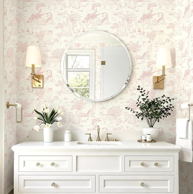 Guvana Pink Peel and Stick Wallpaper Cat Wall Paper Vintage Animal Contact Paper Vinyl Waterproof Wallpaper Floral Slef Adhesive Removable for Living Room Bedroom Kitchen Bathroom 17.3"×78.7" - Image 6