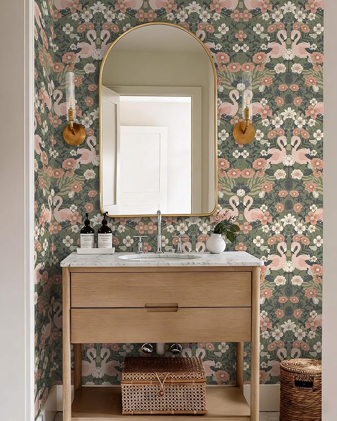 Heroad Vintage Peel and Stick Wallpaper 17.3''X 385'' Floral Flamingo Contact Paper Sage Green William Morris Wall Paper Removable Renter Friendly Wallpaper for Bedroom Nursery Farmhouse Vinyl Rolls - Image 8