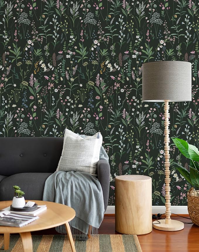 JiffDiff Dark Green Botanical Floral Peel and Stick Wallpaper, 17.3" x 118" | Waterproof Removable Self Adhesive Wallpaper, Dark Farm Wildflower Stick on Wallpaper for Home Bedroom Contact Paper,14.4 sq. - Image 2