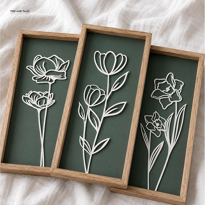 Tide and Tales 3d Green Wall Art, Wooden Botanical Wall Decor, Set of 3 | 7" x 16", Lightweight, Framed Ready-to-Hang, Bathroom Wall Decor, Bedroom, Living Room, Office, Farmhouse, Gift-Boxed - Image 9