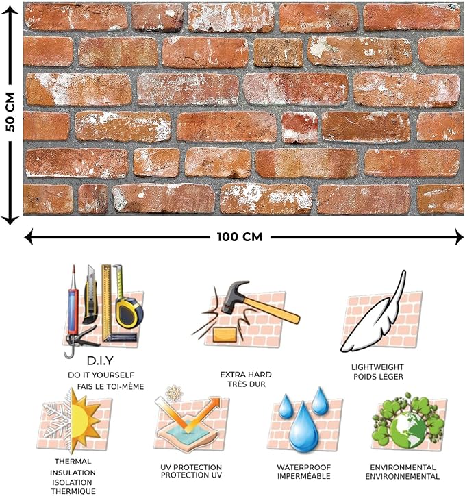 Dundee Deco 3D Wall Panels Faux Brick - Cladding, Red Orange Stone Look Wall Paneling, Styrofoam Facing for Living Room, Kitchen, Bathroom, Balcony, Bedroom, Set of 5, Covers 27 sq ft - Image 7
