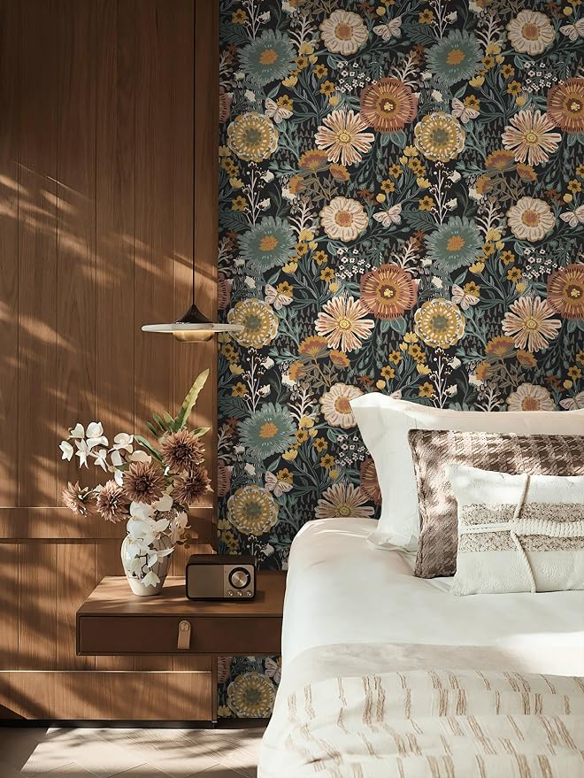 Dimoon Boho Retro Wallpaper Peel and Stick Wallpaper Vintage Floral Contact Paper 17.3''x197'' Dark Black Bohemian Removable Wall Paper Renter Friendly Waterproof Wall Mural Bedroom Bathroom Vinyl - Image 5