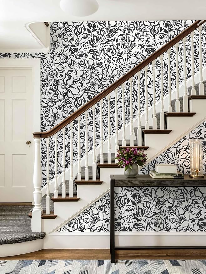 Ismoon Black and White Wallpaper Peel and Stick Floral Contact Paper 17.3in x 32.8ft Peony Flower Modern Striped Abstract Wall Paper for Bathroom Bedroom Removable Vinyl Renter Friendly - Image 5