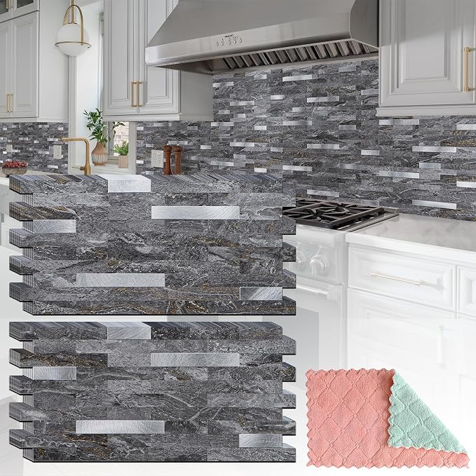 StyloVue 2 Sheets Peel and Stick Backsplash for Kitchen, Gray-Gold Stone with Metal Silver Look Stick on Tile Upgrade Your Kitchen Backsplash, RV, Fireplace by StyloVue