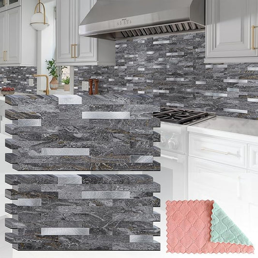 StyloVue 2 Sheets Peel and Stick Backsplash for Kitchen, Gray-Gold Stone with Metal Silver Look Stick on Tile Upgrade Your Kitchen Backsplash, RV, Fireplace by StyloVue