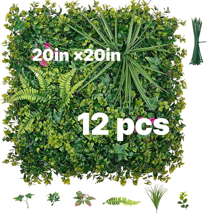 VEVOR Artificial Plant Wall, 12PCS 20 x 20 in Artificial Boxwood Panels, Greenery Backdrop Privacy Hedge Fence with Sun Protection, Fake Grass Wall Screen for Wedding, Indoor, Garden，Mixed Leaf by VEVOR