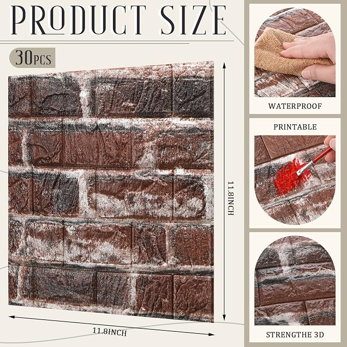 Tinlade 30 Pcs 3D Wall Panels Peel and Stick Wallpaper Foam, Red Brick | Faux Brick Stone Tiles, Covering 28.8-48.4 Sq ft, Self Adhesive Waterproof Panels for Bedroom Living Room Kitchen Walls - Image 2