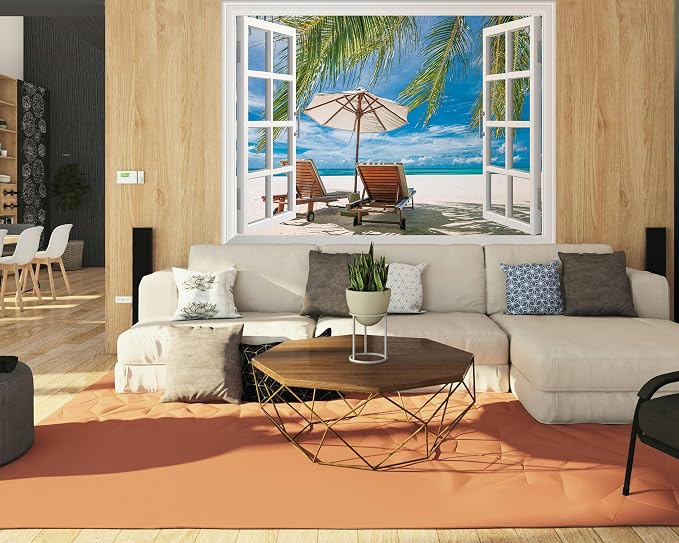 FLFK Fake Window Wall Mural - Ocean Beach Faux Window Wall Decal for Wall Decor, Peel and Stick Wall Sticker,80"x60",Set of 5 Sheets - Image 3