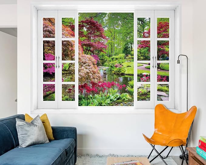 FLFK Fake Window Wall Mural - Garden View with Maple Treest Peel and Stick Decal, 80 x 60 inches, Set of 5 Sheets - Image 6