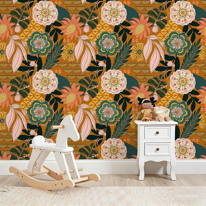 HAOKHOME Orange Wallpaper Peel and Stick Tropical Boho Floral for Bathroom | Textured Removable Waterproof Renter Friendly Wall Paper Vintage Terracotta Pink Green Botanical Bedroom 17.3in x 9.8ft - Image 6