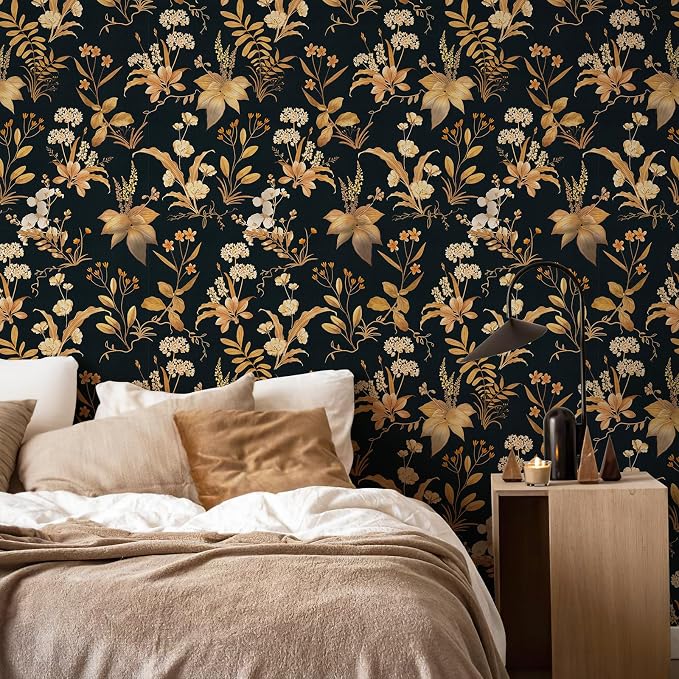 Simon&Siff Vintage Floral Peel and Stick Wallpaper 17.3" x 480" | Black Gold Botanical Contact Paper, Removable Wall Paper, Renter Friendly, for Cabinets, Furniture, DIY Decor - Image 4